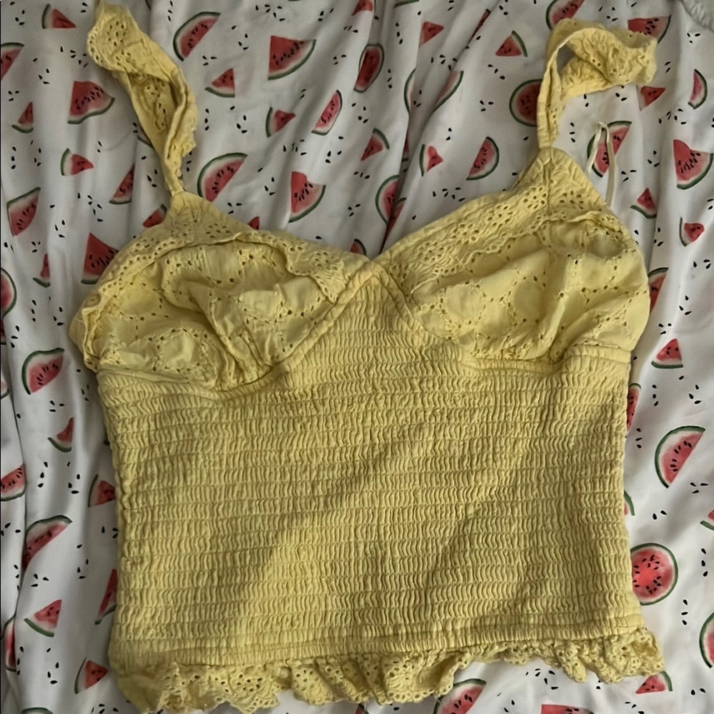Yellow Smocked Camisole with Tie Front and Bustier Neckline